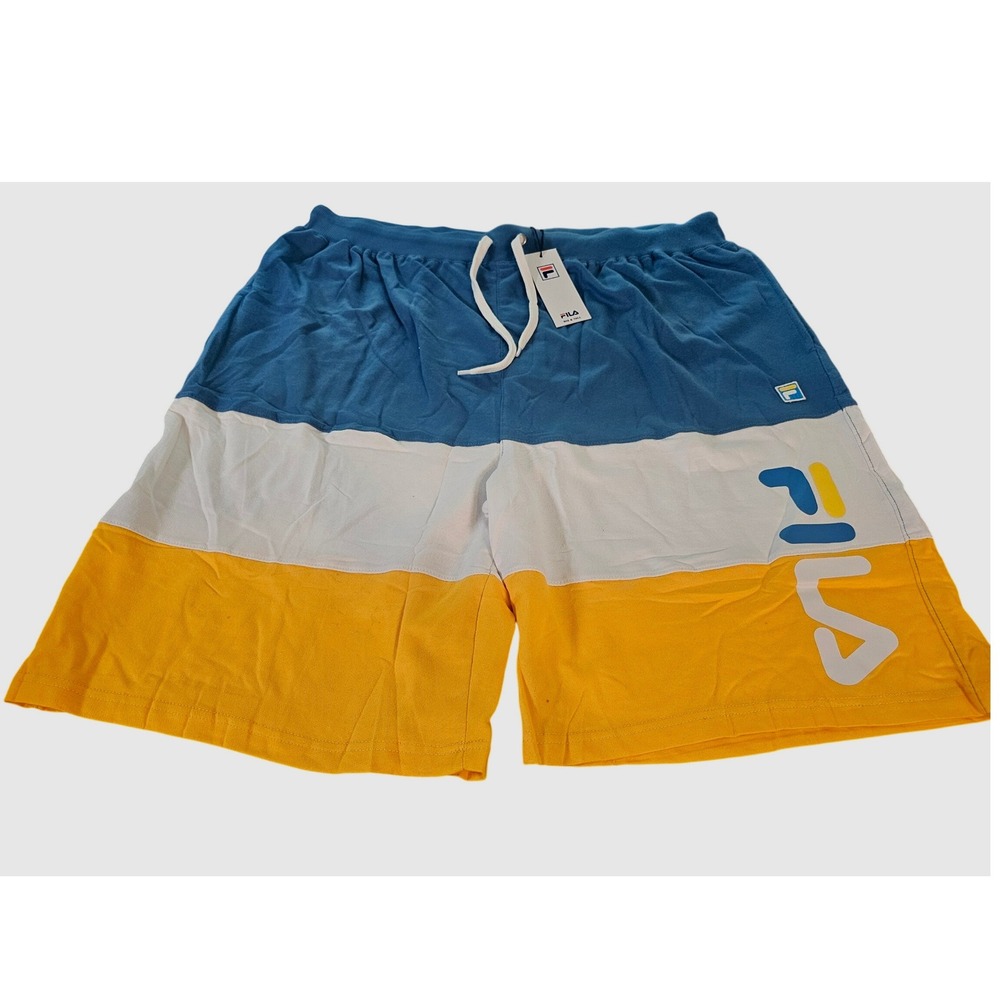Fila Shorts Mens 3XL Blue White Yellow Colorblock Big Tall Logo Knit Drawstring